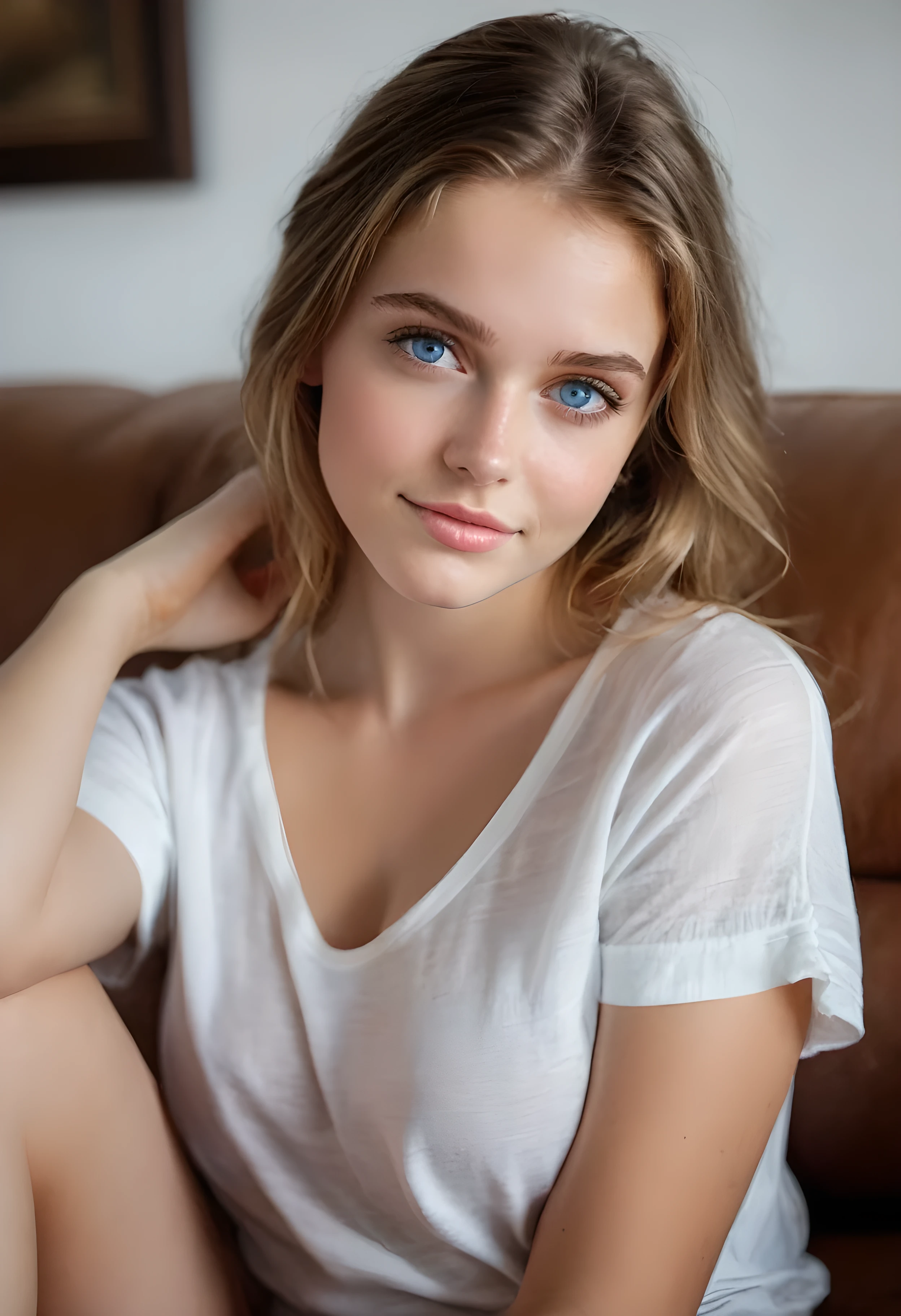 core_9, score_8_up, score_7_up, score_6_up, beautiful woman, cute face, shy, kinky smile, extreme ultra detailed perfect eyes, deepth blue eyes , 20yo, nose blush, big breast, loose-fitting short sleeves, sitting in a couch, (head tilted) ,(holds her head with her arm), eyes contact, lot of desire for the viewer, side portrait , face focus , pov , indoor, inside home, in living room, ,RAW photo,realistic,volumetric lighting, depth of field,cinematic,close-up