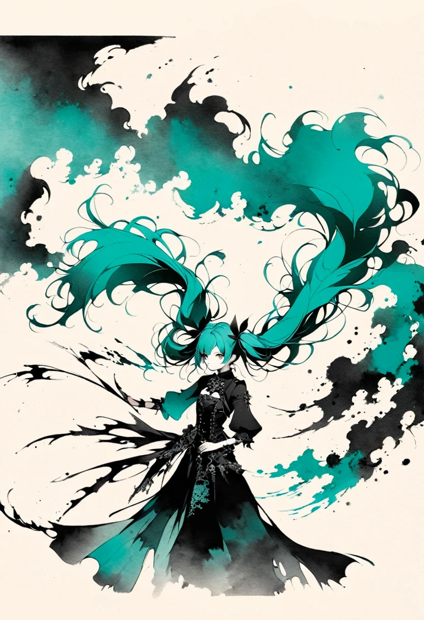 a girl with twin pigtails, gothic fashion, minimalist,lineart,vast negative space,ink wash painting,abstract,teal color