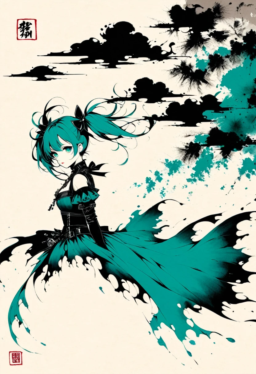 a girl with twin pigtails, gothic fashion, minimalist,lineart,vast negative space,ink wash painting,abstract,teal color