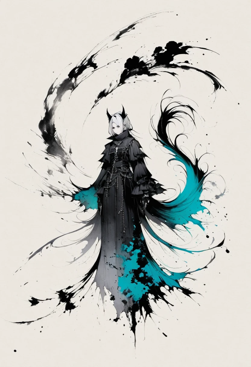 Double tail,Gothic,Minimalism,Lineism,Lots of white space,Ink Painting,abstract,Cyan