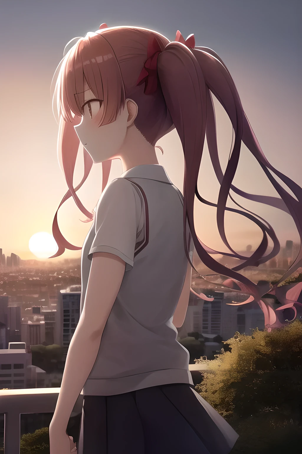 Twin Tails, shirai kuroko, tokiwadai , on a small hill overlooking the city, nature, sunset, (face in profile), from behind, masterpiece, best quality, very aesthetic, absurdres,