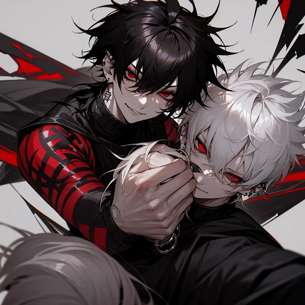 Pale skin, black hair, spiked hair, emo hair, emo, scene, scenmo, male, boy, red eyes, goth, black eyeshadow, glaring at camera, glare, black turtleneck, sleeveless shirt, black sweatpants, cargo pants, converse, long hair, looking down, smirk, smiling, piercings, face piercings, tattoos, scary, demonic