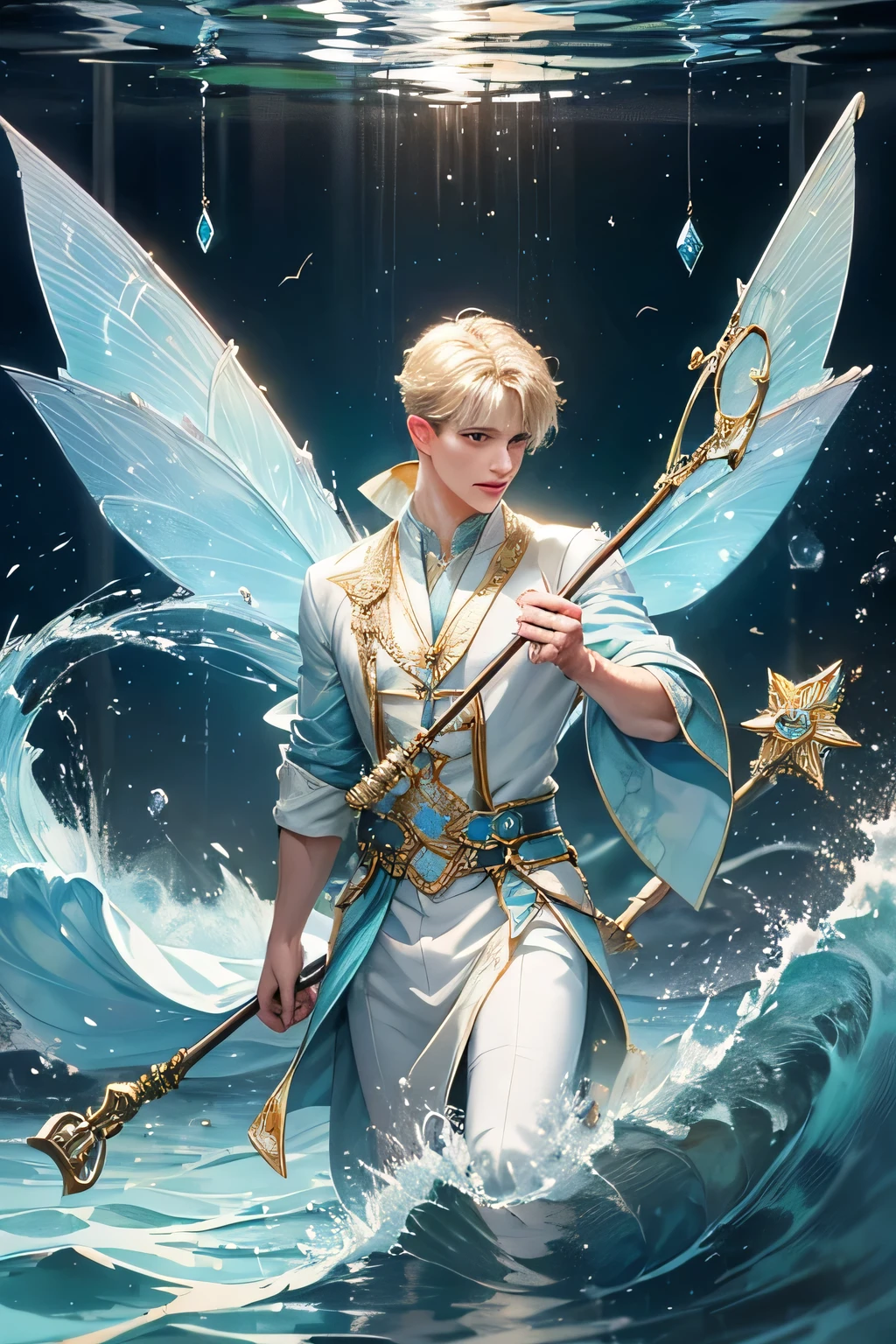 "Craft a captivating digital illustration featuring a handsome male fairy adorned with magnificent, iridescent wings reminiscent of glistening water droplets. Highlight his command over the element of water with cascading waves and gentle ripples flowing around him, evoking a sense of serene power. Incorporate a distinct water fairy symbol, holding an mystic ancient trident water staff, emblazoned upon him, symbolizing his connection to the watery depths and mastery over aquatic forces."