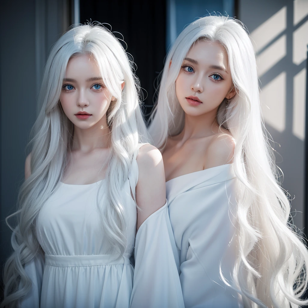 1 woman, White long curly hair,Natural and beauty hair, clean and beauty. White hair. Blue natural eyes. Black clothes. Black, shadows. Night. Depression