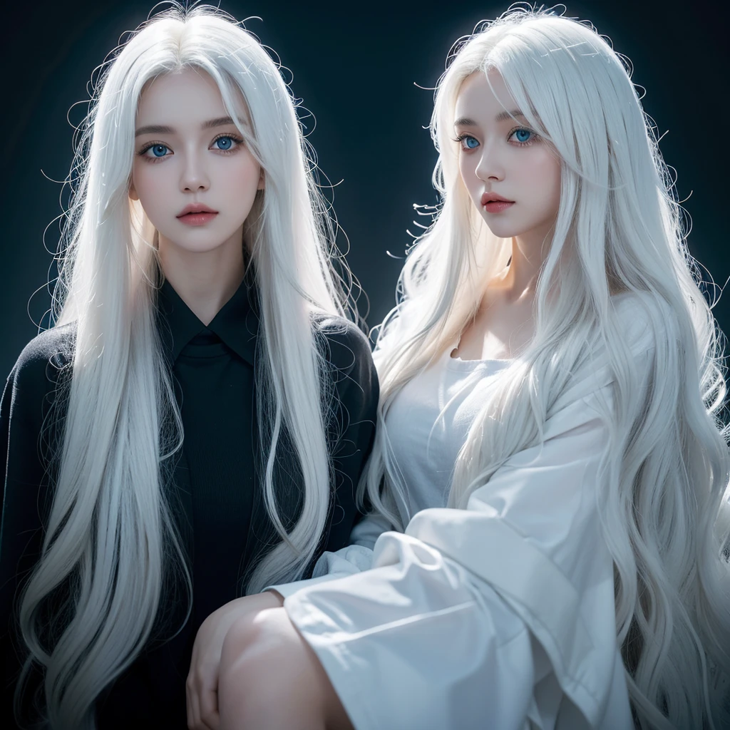 1 woman, White long curly hair,Natural and beauty hair, clean and beauty. White hair. Blue natural eyes. Black clothes. Black, shadows. Night. Depression