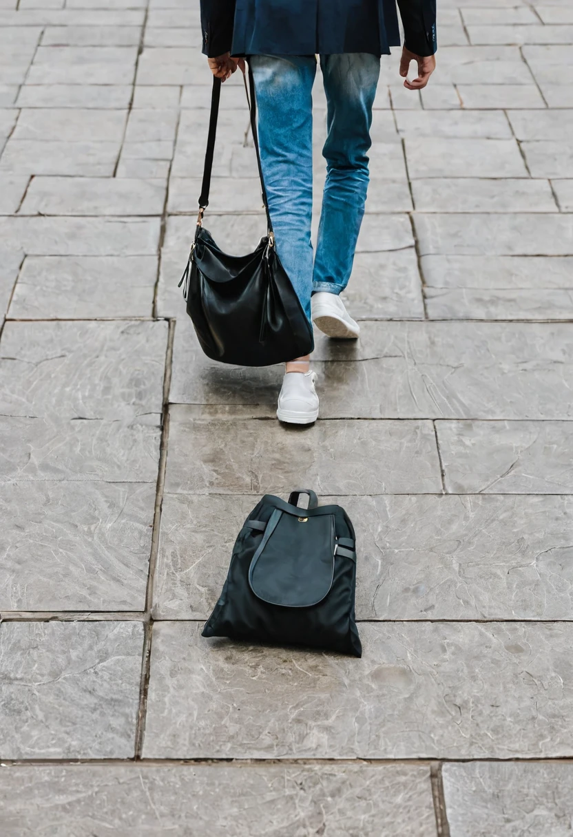 someone walking, facing down, carrying a bag, no face, many faces lying on the floor