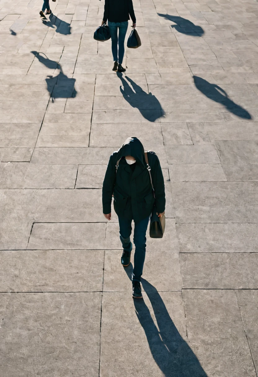 someone walking, facing down, carrying a bag, no face, many faces lying on the floor
