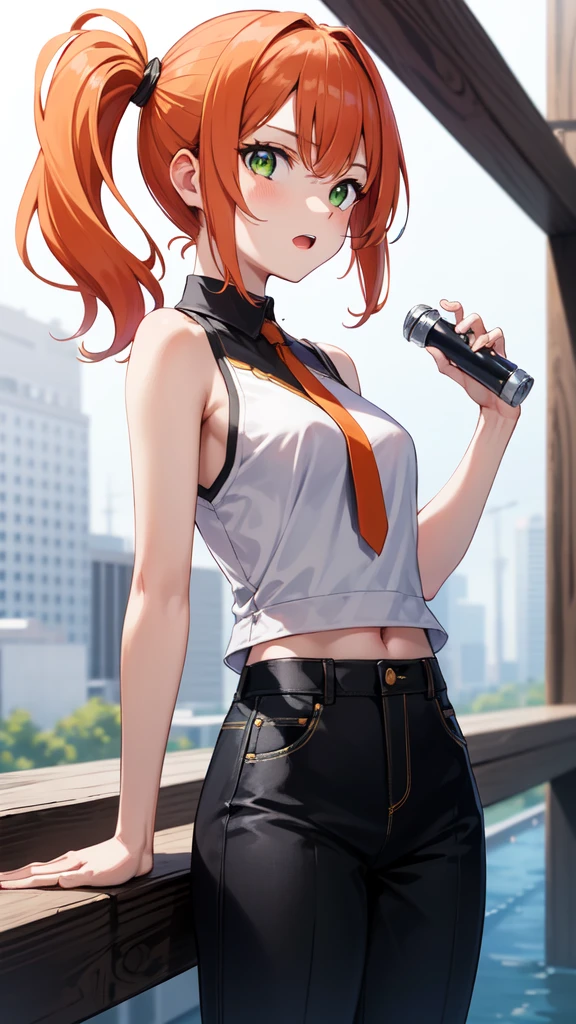 gonzarez, masterpiece, , 1girl, solo, , green eyes, orange hair , side ponytail, pants, yellow sleeveless top, mid riff, 