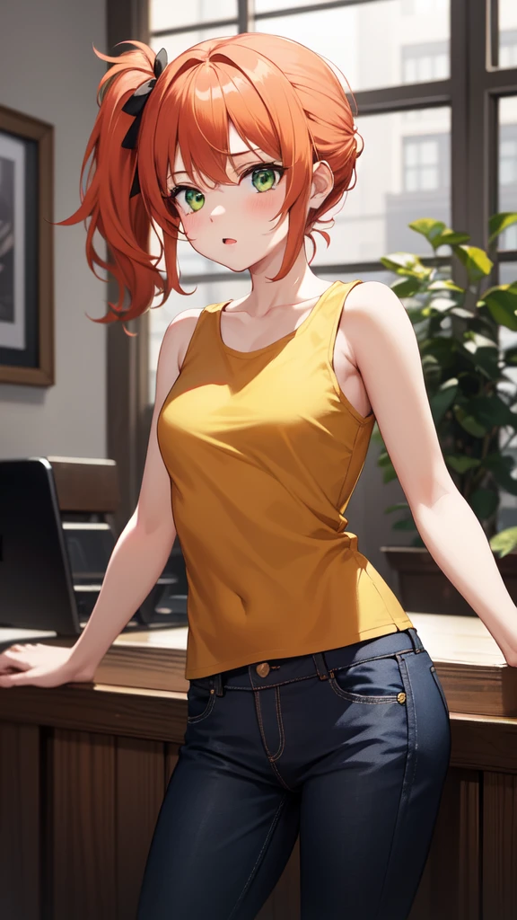 gonzarez, masterpiece, , 1girl, solo, , green eyes, orange hair , side ponytail, pants, yellow sleeveless top, mid riff,