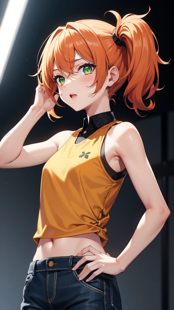 gonzarez, masterpiece, , 1girl, solo, , green eyes, orange hair , side ponytail, pants, yellow sleeveless top, mid riff,