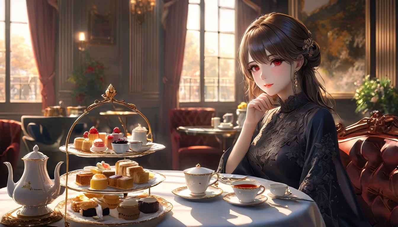 a beautiful elegant woman with red eyes, enjoying an afternoon tea in a Luxurious rooms with dark atmosphere, 1girl, anime style, intricate details, (best quality,4k,8k,highres,masterpiece:1.2),ultra-detailed,(realistic,photorealistic,photo-realistic:1.37),HDR,UHD,studio lighting,ultra-fine painting,sharp focus,physically-based rendering,extreme detail description,professional,vivid colors,bokeh,landscape,natural lighting,warm colors,soft focus