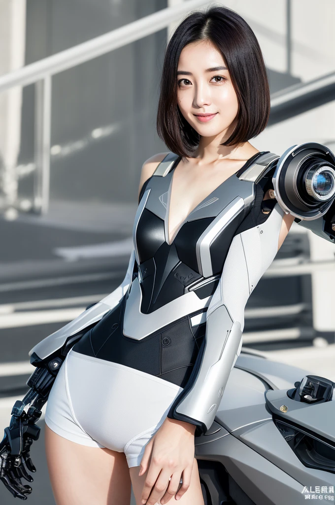 You are a professional photographer。future、Beautiful Eyes、 ((Highest quality)), Clear contours, Woman with beautiful face, (((One Girl,alone))), ((Beautiful Eyes)), Sex Appeal,Albedo and Specular Maps、Accurate simulation of lightweight material interactions、Light Smile、perfect body,Thighs、Short Hair、(cyborg)