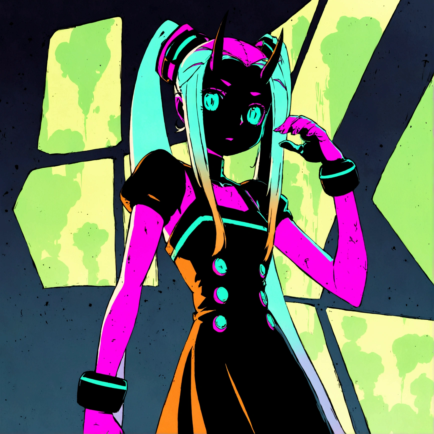Anime Oni-girl. She has long pink twintails and parted bangs. ((forehead))++. She is wearing a red and black gothic dress. She has oni horns. The background includes a cyberpunk cityscape visible through a cracked window. Neon glows and deep shadows. Created Using: digital illustration, cyberpunk style, high contrast, vibrant neon colors, sleek design, gritty textures, hd quality