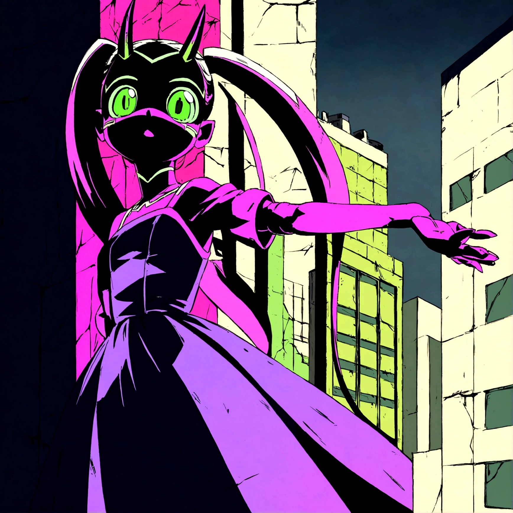 Anime Oni-girl. She has long pink twintails and parted bangs. ((forehead))++. She is wearing a red and black gothic dress. She has oni horns. The background includes a cyberpunk cityscape visible through a cracked window. Neon glows and deep shadows. Created Using: digital illustration, cyberpunk style, high contrast, vibrant neon colors, sleek design, gritty textures, hd quality