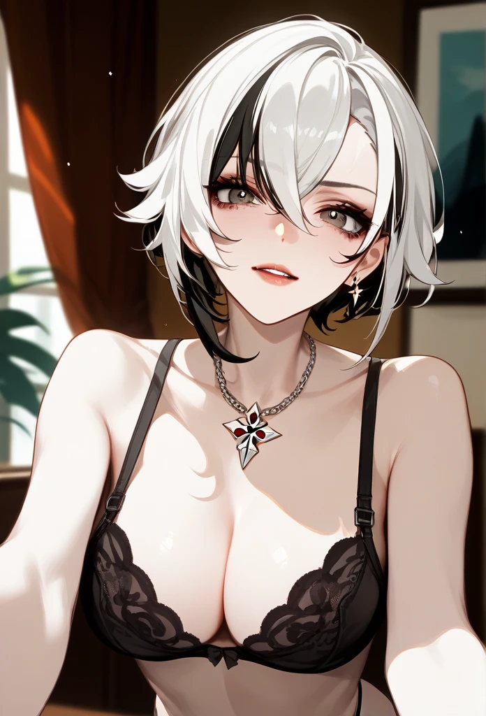 arlecchino, genshin impact, mature woman, mature face, hot face, emotionless face, sharp eyes, (cool beauty), white hair, mature body, dominant, living room, black thong, black bra