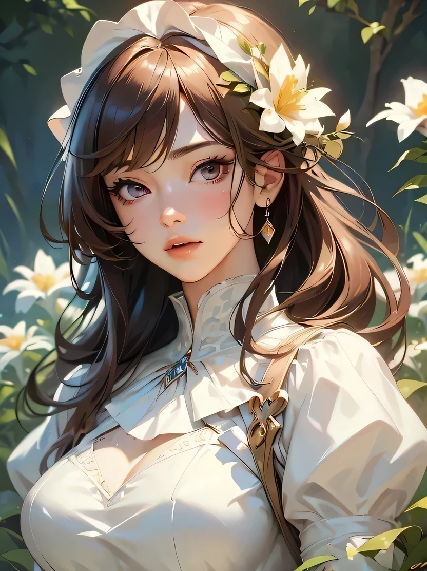 ((masterpiece、Highest quality、Very detailed、High resolution、Realistic、Sharp focus))、Bust Shot、Focus on the chest up、Woman in white dress、Standing in front of flowers、Beautiful cartoon art、Attractive anime woman、Beautiful Anime Women、View your viewers