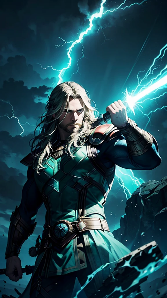 Thor,viking,hammer,metallic filters, blue background,blue background, lightning effect, sombre, shade green