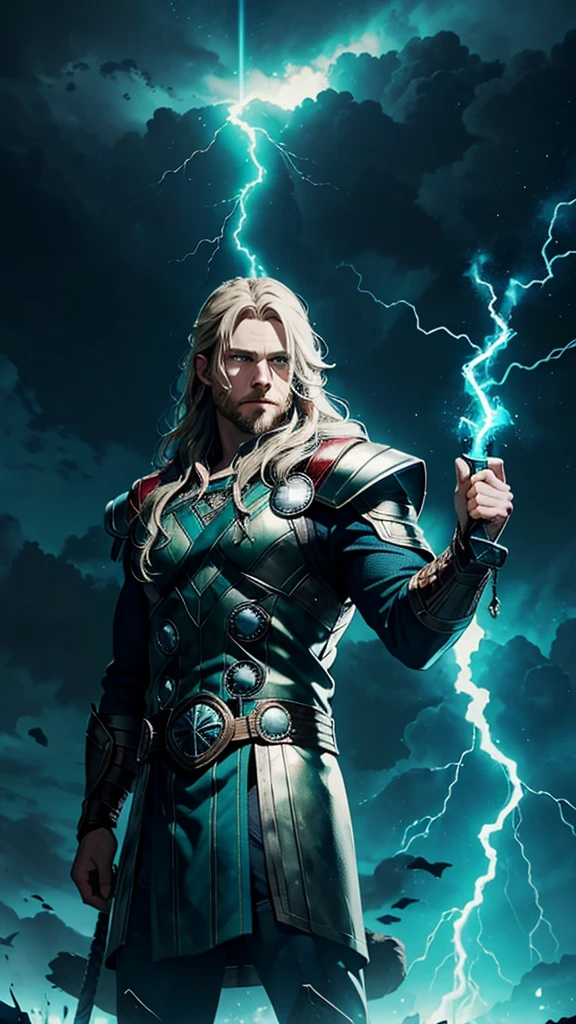 Thor,viking,hammer,metallic filters, blue background,blue background, lightning effect, sombre, shade green