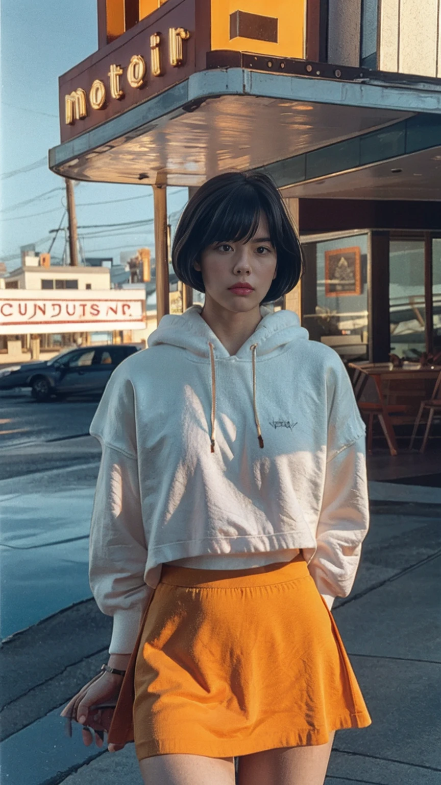 portrait of a 23 yo girl, (perfect natural breast) ,wear ((orange color oversized hoodie)), wear ((purple tennis skirt)),looking front,Best Quality,Masterpiece,Ultra High Resolution,(Realisticity:1.4),Original Photo, 1Girl, light leak,ultra high resolution,UHD,beautiful, (black bob hair), almond eye, no makeup, in front of (80's mondrian architecture motel), (realistic:1.2), (surreal:1.3), (very detailed:1.1), ((masterpiece)),summer, blue sky, palm trees,sunny, los angles vibes,film camera, 800mm lens,style of Philip Lorca diCorcia
