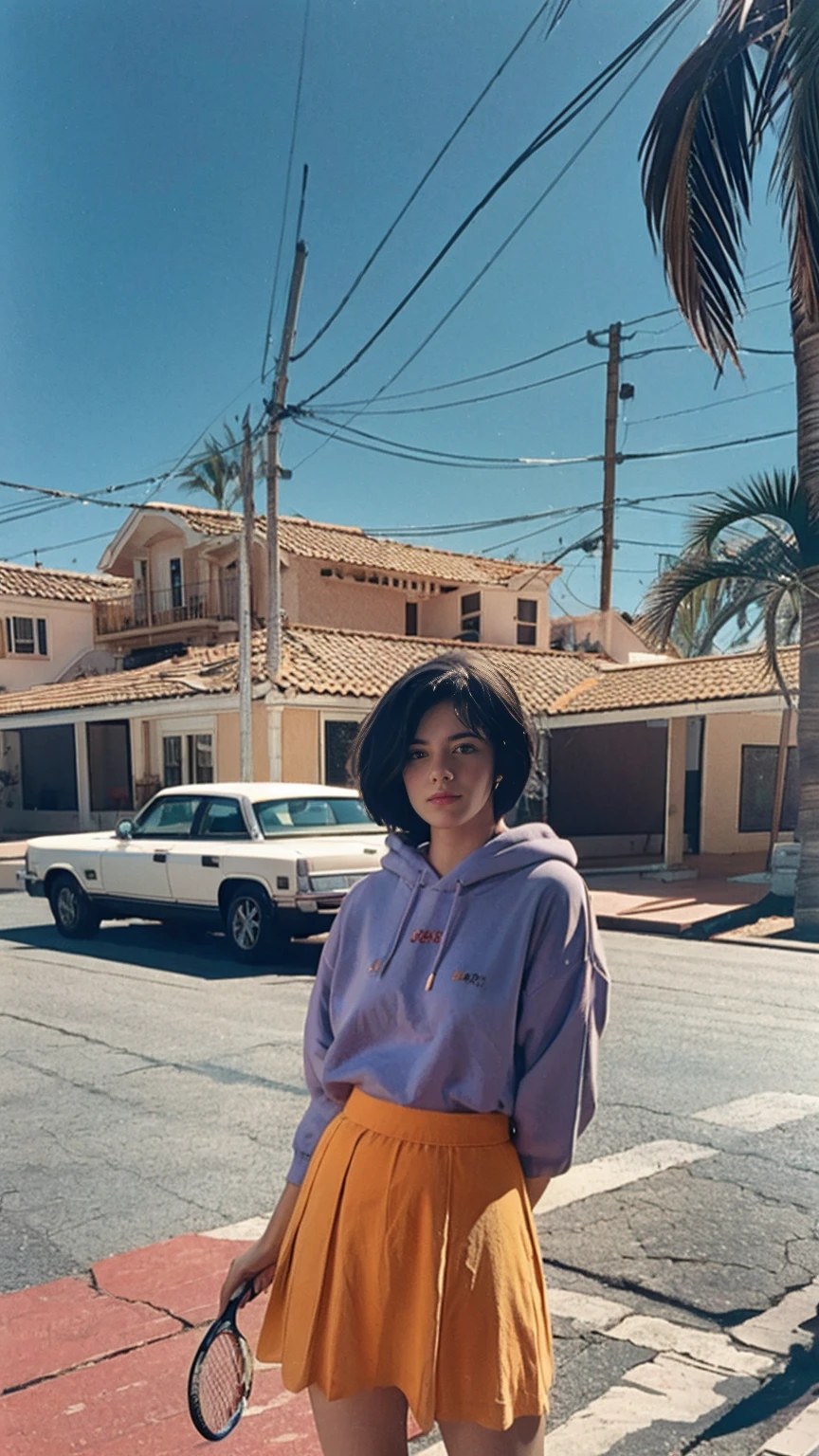 portrait of a 23 yo girl, (perfect natural breast) ,wear ((orange color oversized hoodie)), wear ((purple tennis skirt)),looking front,Best Quality,Masterpiece,Ultra High Resolution,(Realisticity:1.4),Original Photo, 1Girl, light leak,ultra high resolution,UHD,beautiful, (black bob hair), almond eye, no makeup, in front of (80's mondrian architecture motel), (realistic:1.2), (surreal:1.3), (very detailed:1.1), ((masterpiece)),summer, blue sky, palm trees,sunny, los angles vibes,film camera, 800mm lens,style of Philip Lorca diCorcia