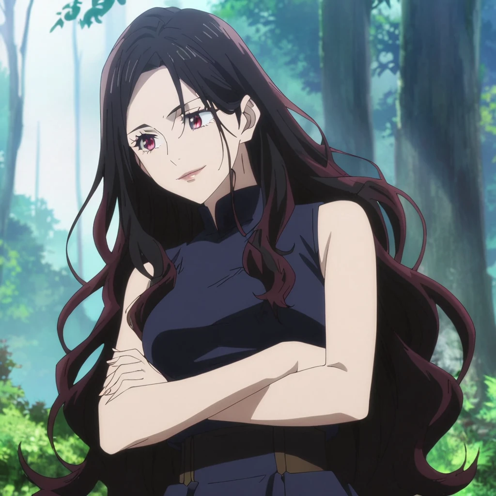 1girl, anime screencap from jujutsu kaisen, solo, very long_hair, ((smooth texture hair)) purple eyes, ((length_hair, black_hair, very_length_hair, slight wavy hair,red_eye)), breasts, upper_body, smile, forest background, black_eyes, lips, (( length_hair, black_hair, very_length_hair, slight wavy hair, red_eye)) wearing black color clothes, breast, "very detailed and high resolution" (red eyes) ((cross arms)) ((smooth texture hair)) ((solo)) ((high resolution)) (Good quality)