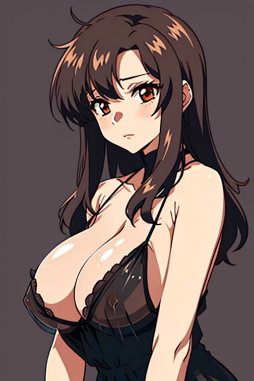 (beautiful detailed eyes:1.5, beautiful detailed face:1.2, beautiful detailed hair), Murrue Ramius, 1 woman, mature, milf, red eyes, blush, (nsfw, sexy, Curvy), (brown hair, long hair, bangs), (sagging huge breasts), (see-through black negligee:1.5), (upper body:1.5), standing, (Perfect detailed Anatomy, beautiful detailed hair, perfect female body:1.2, shiny skin), (thick outline, Beautiful outlines, black outlines), simple background:1.5