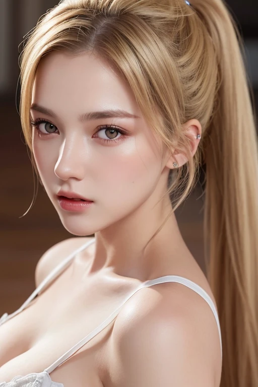 High quality, best quality, photo-realistic, Raw-photo, realistic, ultra realistic 8k cg, very detailed, high definition, Masterpiece, 1 girl, long hair, blonde hair, Ponytail , red eyes, Face and eye details, top half, complicated details, big breasts, Fine texture, exquisite details,