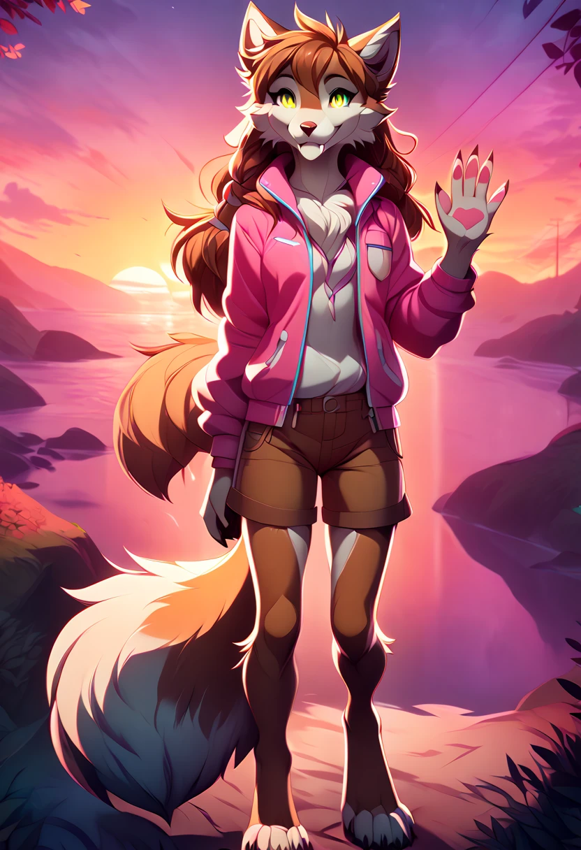 werewolf, anthropomorphic beast, caramel and light green pupils, fluffy brown and white fur. 
brown shorts with pocket and neon pink jacket. 
looking at the viewer, smiling and waving. 
in the background a gradient sunset, Masterpiece, 4k HD, digital illustration.