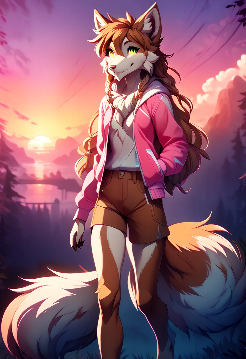 werewolf, anthropomorphic beast, caramel and light green pupils, fluffy brown and white fur. 
brown shorts with pocket and neon pink jacket. 
looking at the viewer, smiling and waving. 
in the background a gradient sunset, Masterpiece, 4k HD, digital illustration.