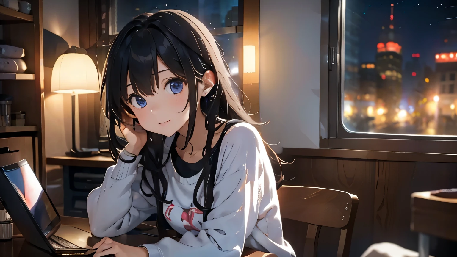 A girl living alone is wearing headphones and using a PC on the desk on the left in a messy room. Coffee, neon lights and late night. The girl on the left is alone. The stars beyond the window are beautiful.
