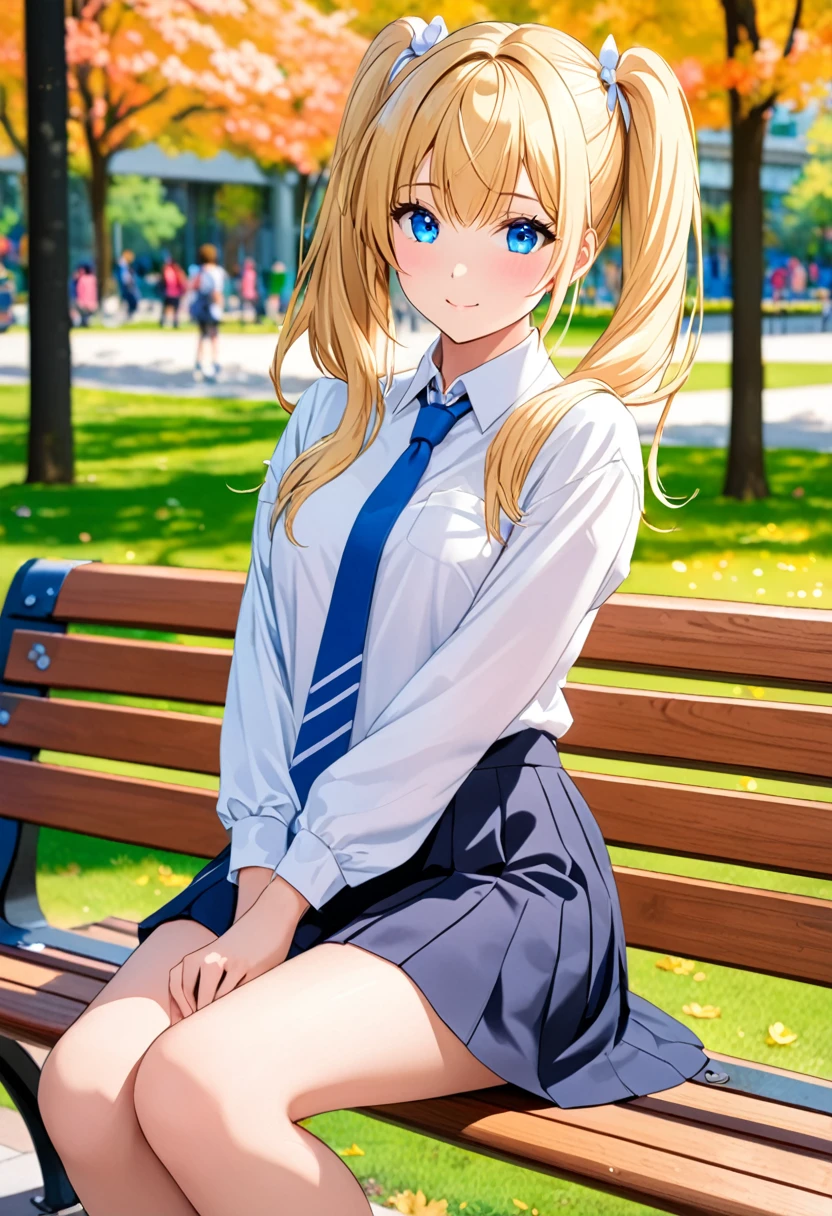 A beautiful 25 year old university student, angelic face and tremendously provocative body sitting on a campus bench, (blonde hair:0.9), (black fur:0.7) Blue eyes, (twin tails), wide, playful pose, Masterpiece, The best quality, vivid colors