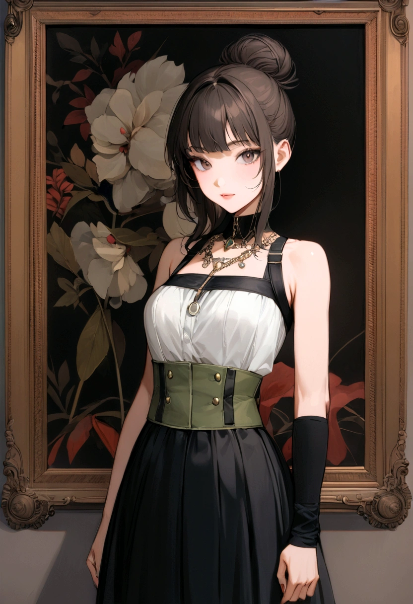 her name is Amelie, high quality, 1girl, ((20-year-old fit Caucasian woman)), ((20 years old)), ((fit)), ((Half-Up Bun dark hair)), pose: standing, wearing stylish fashionable Generation-Z modern wear colored, BACKGROUND: "Inside the Metropolitan Museum of Art, with its vast collection of art spanning ancient to contemporary, elegant galleries