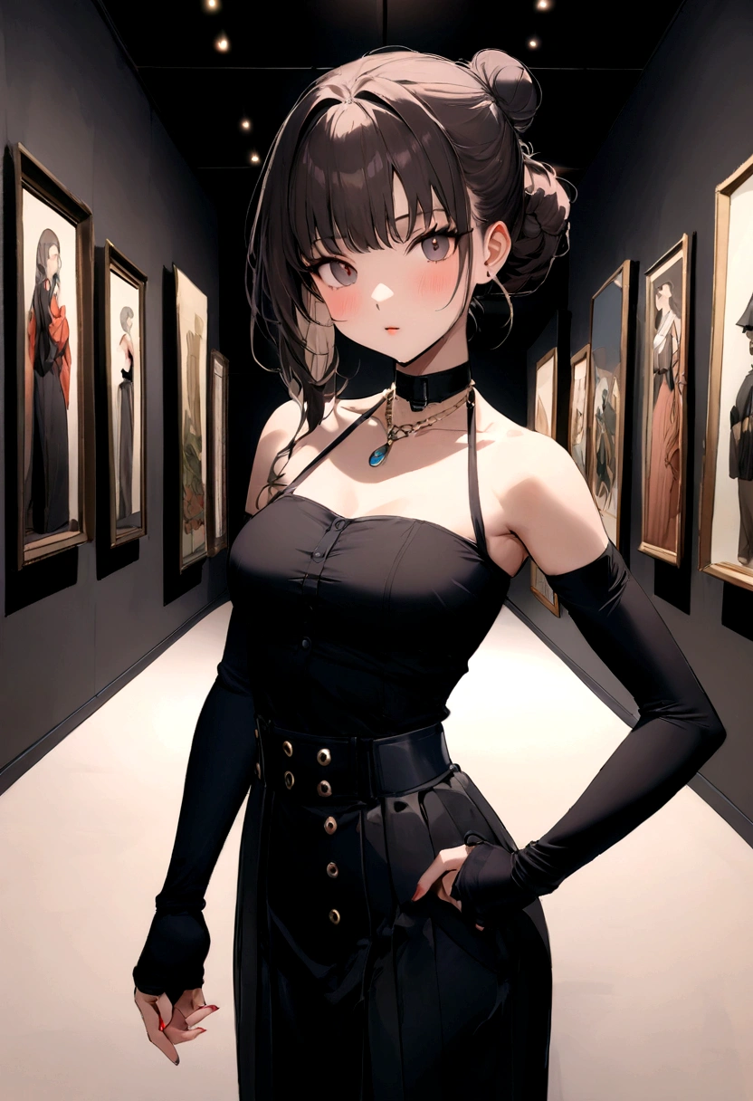 her name is Amelie, high quality, 1girl, ((20-year-old fit Caucasian woman)), ((20 years old)), ((fit)), ((Half-Up Bun dark hair)), pose: standing, wearing stylish fashionable Generation-Z modern wear colored, BACKGROUND: "Inside the Metropolitan Museum of Art, with its vast collection of art spanning ancient to contemporary, elegant galleries