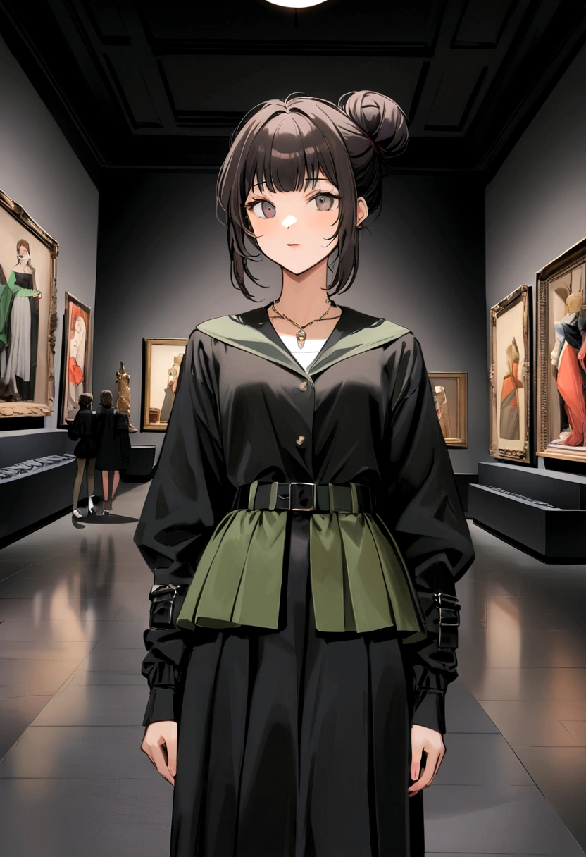 her name is Amelie, high quality, 1girl, ((20-year-old fit Caucasian woman)), ((20 years old)), ((fit)), ((Half-Up Bun dark hair)), pose: standing, wearing stylish fashionable Generation-Z modern wear colored, BACKGROUND: "Inside the Metropolitan Museum of Art, with its vast collection of art spanning ancient to contemporary, elegant galleries