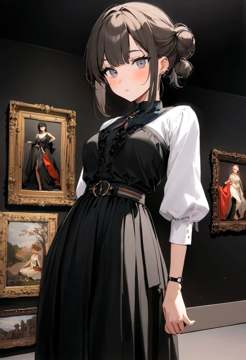 her name is Amelie, high quality, 1girl, ((20-year-old fit Caucasian woman)), ((20 years old)), ((fit)), ((Half-Up Bun dark hair)), pose: standing, wearing stylish fashionable Generation-Z modern wear colored, BACKGROUND: "Inside the Metropolitan Museum of Art, with its vast collection of art spanning ancient to contemporary, elegant galleries