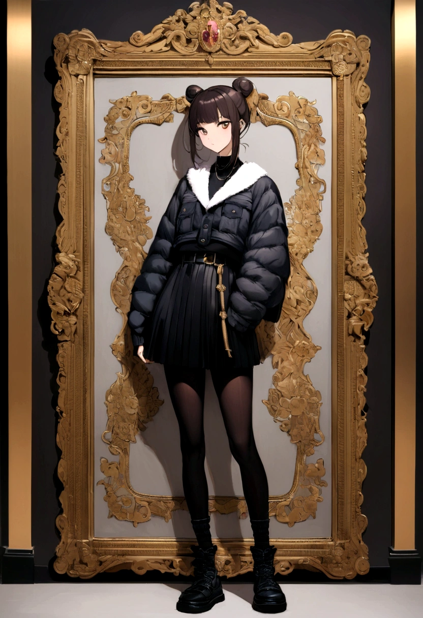 her name is Amelie, high quality, 1girl, ((20-year-old fit Caucasian woman)), ((20 years old)), ((fit)), ((Half-Up Bun dark hair)), pose: standing, wearing stylish fashionable Generation-Z modern wear colored, BACKGROUND: "Inside the Metropolitan Museum of Art, with its vast collection of art spanning ancient to contemporary, elegant galleries