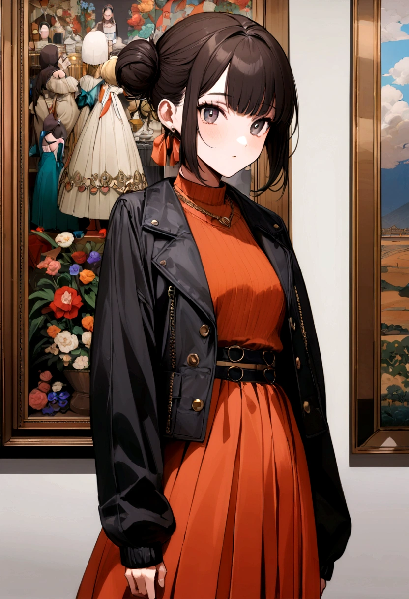 her name is Amelie, high quality, 1girl, ((20-year-old fit Caucasian woman)), ((20 years old)), ((fit)), ((Half-Up Bun dark hair)), pose: standing, wearing stylish fashionable Generation-Z modern wear colored, BACKGROUND: "Inside the Metropolitan Museum of Art, with its vast collection of art spanning ancient to contemporary, elegant galleries