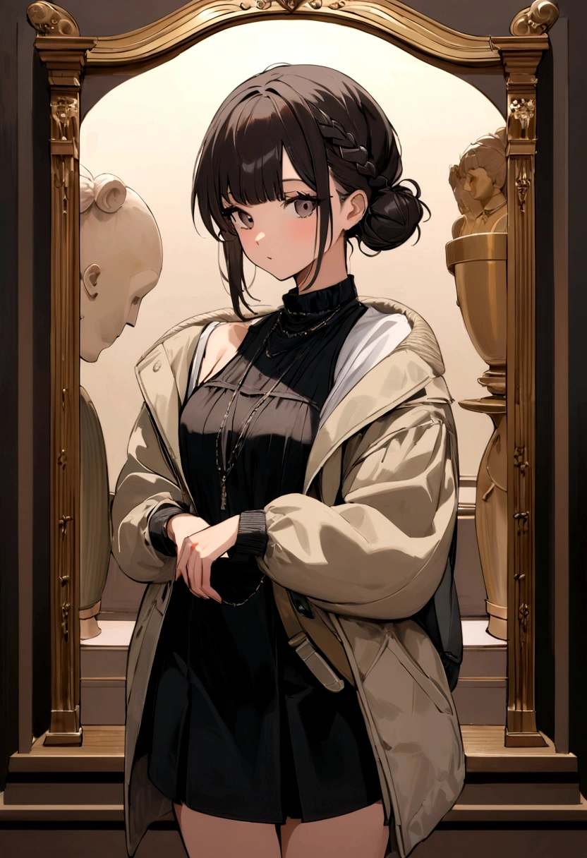 her name is Amelie, high quality, 1girl, ((20-year-old fit Caucasian woman)), ((20 years old)), ((fit)), ((Half-Up Bun dark hair)), pose: standing, wearing stylish fashionable Generation-Z modern wear colored, BACKGROUND: "Inside the Metropolitan Museum of Art, with its vast collection of art spanning ancient to contemporary, elegant galleries