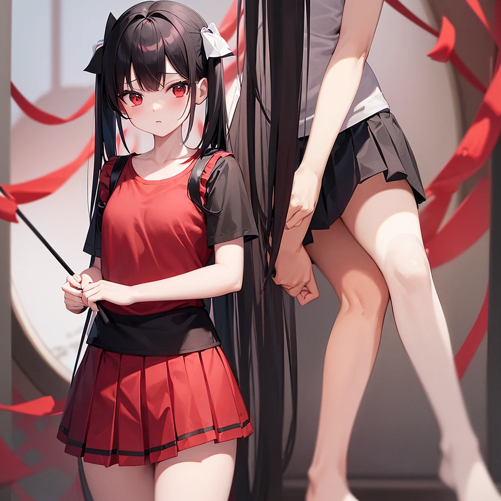 Girl in (mini skirt with pleated yoke), red and black short T-shirt, (Tang's panties) white-black, hair color white mixed with red, прическа Twin-Tail, background with white and red flowers, 2D wallpapers, Full length girl, beautiful poses.