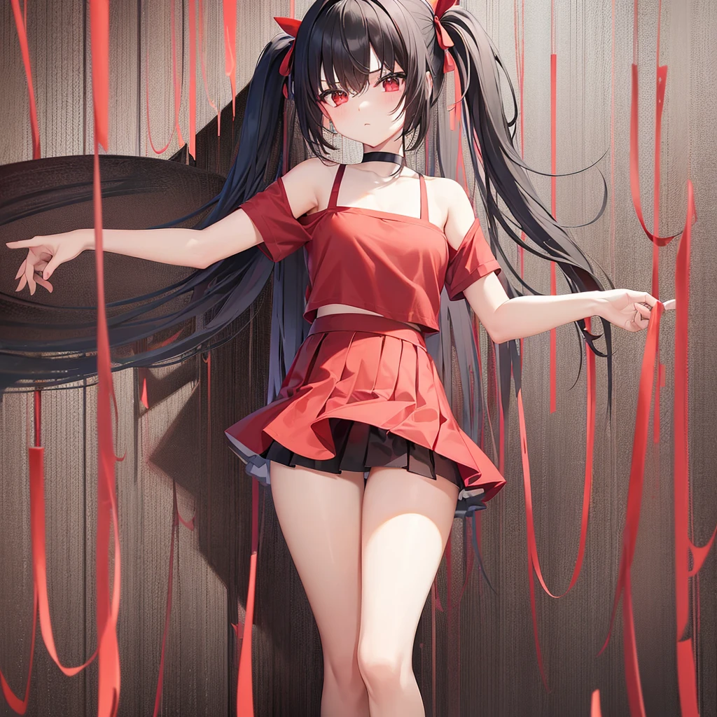 Girl in (mini skirt with pleated yoke), red and black short T-shirt, (Tang's panties) white-black, hair color white mixed with red, прическа Twin-Tail, background with white and red flowers, 2D wallpapers, Full length girl, beautiful poses.