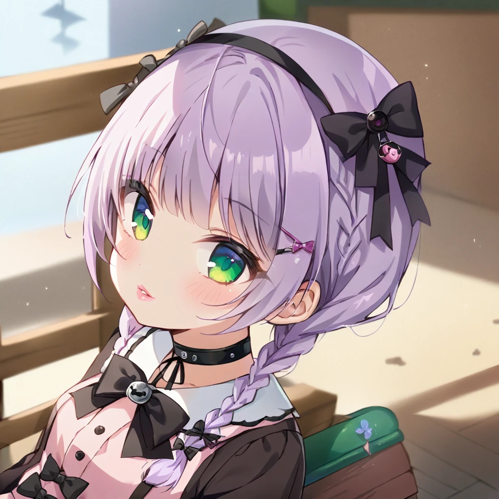 a masterpiece, beautiful eyes, a beautiful face, beautiful depiction, details, ultra detailed, 8K,kawaii, mesugaki, fangs,
light atmosphere, (Cute a girl:1.5), (a girl with closs hair pin,
pink shirt,cosplay, jirai kei, bangs, black skirt, black bow, looking at viewer, bow, long sleeves, choker, ribbon,pink lips,Thick-soled boots,portrait shot :1.4),boots focus,
(masterpiece:1.3), anime visual, (Lovey-dovey:1.5), (tilt head:1.3), extremely delicate face, soft clean focus, realistic lighting and shading, (an extremely delicate and beautiful art:1.3),
a college-aged woman is sitting on a bench drinking tea from a plastic bottle, a girl has lavender-colored twin braids hair and green eyes,