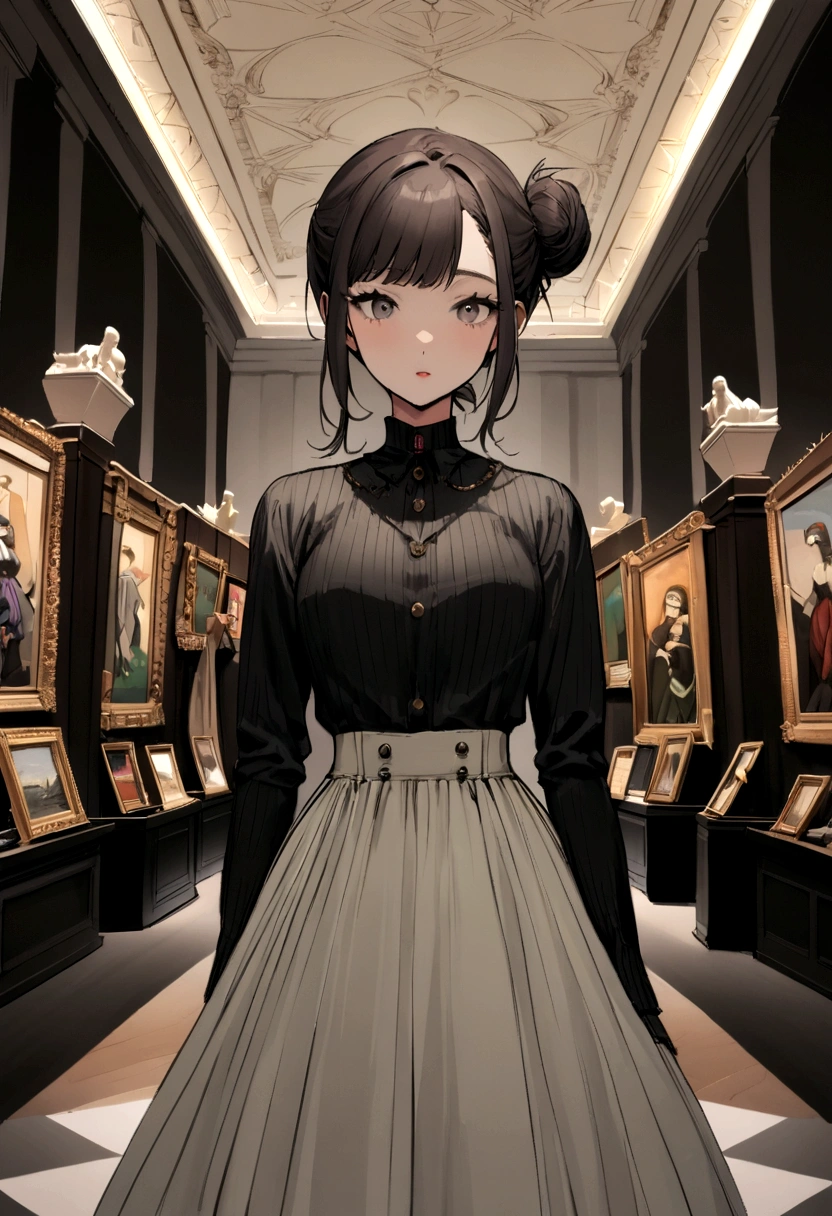 her name is Amelie, high quality, 1girl, ((20-year-old fit Caucasian woman)), ((20 years old)), ((fit)), ((Half-Up Bun dark hair)), pose: standing, wearing stylish fashionable Generation-Z modern wear colored, BACKGROUND: "Inside the Metropolitan Museum of Art, with its vast collection of art spanning ancient to contemporary, elegant galleries