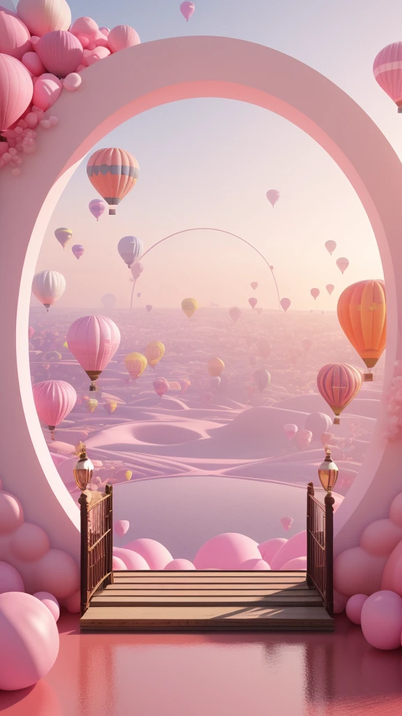 There is a pink arch，There are hot air balloons, Pink minimalist style, Dreamlike scene, Overlooking the pink ocean, 3D rendering style, Stylized 3d rendering, Hyper-realistic 3D rendering, bubble landscape, Surreal dream landscape, 3 d stylize scene, Stylized as 3D rendering, Dreamy atmosphere and dramatic effects