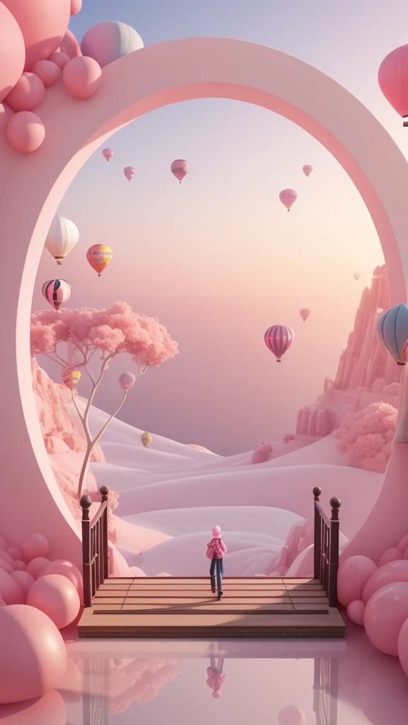 There is a pink arch，There are hot air balloons, Pink minimalist style, Dreamlike scene, Overlooking the pink ocean, 3D rendering style, Stylized 3d rendering, Hyper-realistic 3D rendering, bubble landscape, Surreal dream landscape, 3 d stylize scene, Stylized as 3D rendering, Dreamy atmosphere and dramatic effects