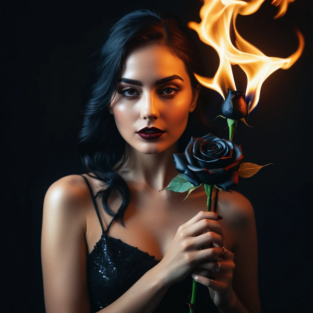a woman with a black rose on fire, flawless skin, whimsical photography style, photo captured by an Arriflex 35BL camera using Canon K25 prime lenses, cinematic, dramatic lighting, ultra clear, breathtaking surreal masterpiece. sensual pose