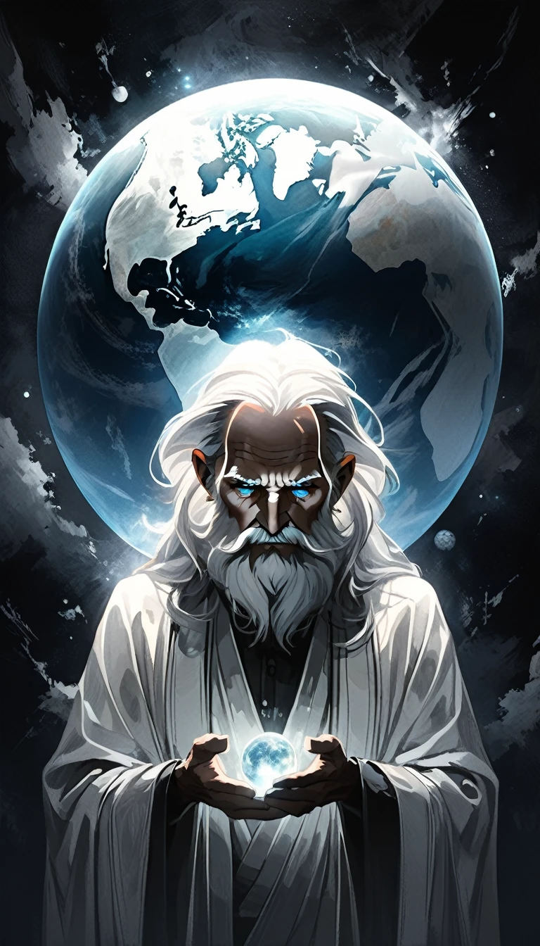 glow ball in hands,dark, dark atmosphere, deep shadow, shadow, spirit, portrait Elderly Man holds in his hands the planet earth, outer space, vishai, a giant grandfather between whose hands is the earth, geometric composition, Elderly, [Nordic] anorexic , Long gray hair, Old white skin, Round glow blue eyes, Oval faces, anorexic small neck, Thin nude Lips, Bold Tapered gray Eyebrows, snub nose, Hunched Shoulders, Slim Thighs, anorexic Slim arms legs and breast, High Angled Cheekbones, Hollow Cheeks, Rounded Chin, Rounded Jawline, Attached Pointed ears, round forehead, Designer Stubble gray whiskers, triangular small gray hair beard, graphic style of novel comics,dark novel style, comic, 2d, 8k, hyperrealism, masterpiece, high resolution, best quality, ultra-detailed, super realistic, Hyperrealistic art, high-quality, ultra high res, highest detailed, lot of details, Extremely high-resolution details, incredibly lifelike, colourful, soft cinematic light,