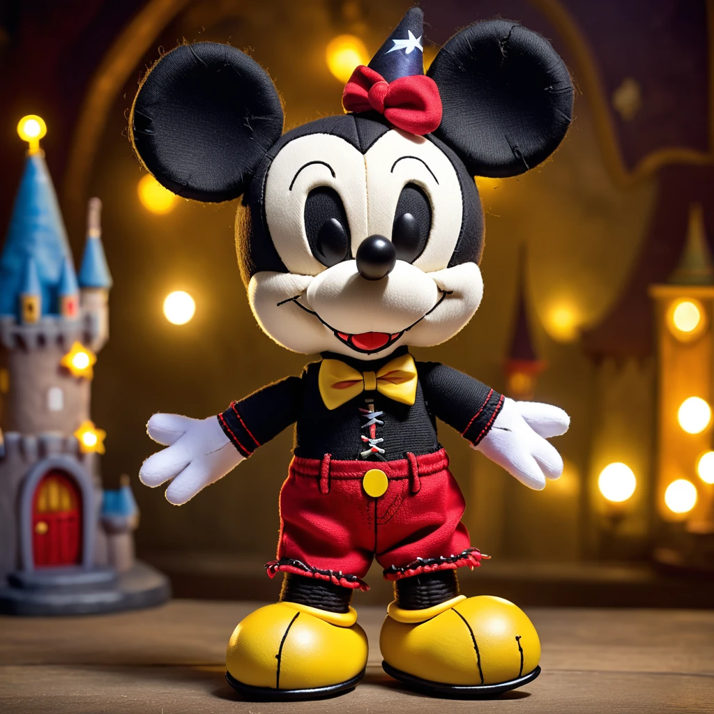 (knitted toy voodoo doll:1.9), (voodoo Mickey Mouse:1.3), (Clothing: classic Mickey Mouse outfit with red shorts, yellow shoes, white gloves:1.0), (Accessories: small magic wand, mouse ears:1.1), (background: Disneyland with castle and colorful lights:1.2), best quality, masterpiece, detailed soft oil painting, detailed background, dramatic cinematic lighting, soft edge lighting, professional, dramatic lighting, hard edge lighting, ultra quality, 4k, masterpiece, best quality, 8k, ultra high definition, high resolution, extremely detailed