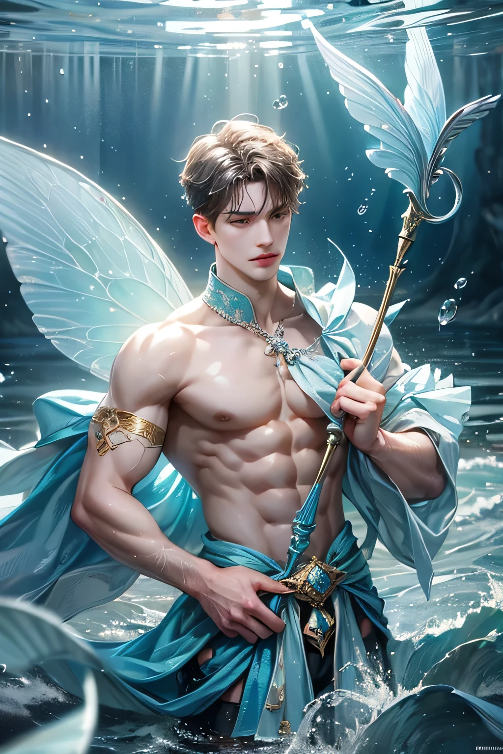 "Craft a captivating digital illustration featuring a handsome male fairy adorned with magnificent, iridescent wings reminiscent of glistening water droplets. Highlight his command over the element of water with cascading waves and gentle ripples flowing around him, evoking a sense of serene power. Incorporate a distinct water fairy symbol, holding an mystic ancient trident water staff, emblazoned upon him, symbolizing his connection to the watery depths and mastery over aquatic forces."