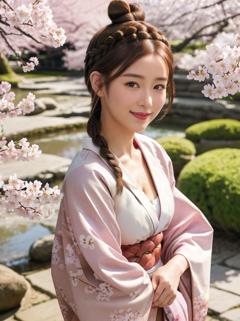 1girl, solo, facing viewer, smile, 8k, masterpiece, (((braided brown hair bun))), traditional Japanese kimono, gracefully posing in a serene garden adorned with cherry blossoms, masterpiece, HD, detailed skin, detailed face and eyes, realistic, daytime, high resolution, 8k, medium breast, cleavage: 1.2, standing, cowboy shot