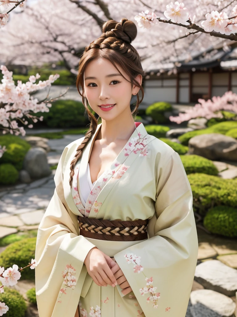 1girl, solo, facing viewer, smile, 8k, masterpiece, (((braided brown hair bun))), traditional Japanese kimono, gracefully posing in a serene garden adorned with cherry blossoms, masterpiece, HD, detailed skin, detailed face and eyes, realistic,  daytime, high resolution, 8k, medium breast, cleavage: 1.2, standing, cowboy shot